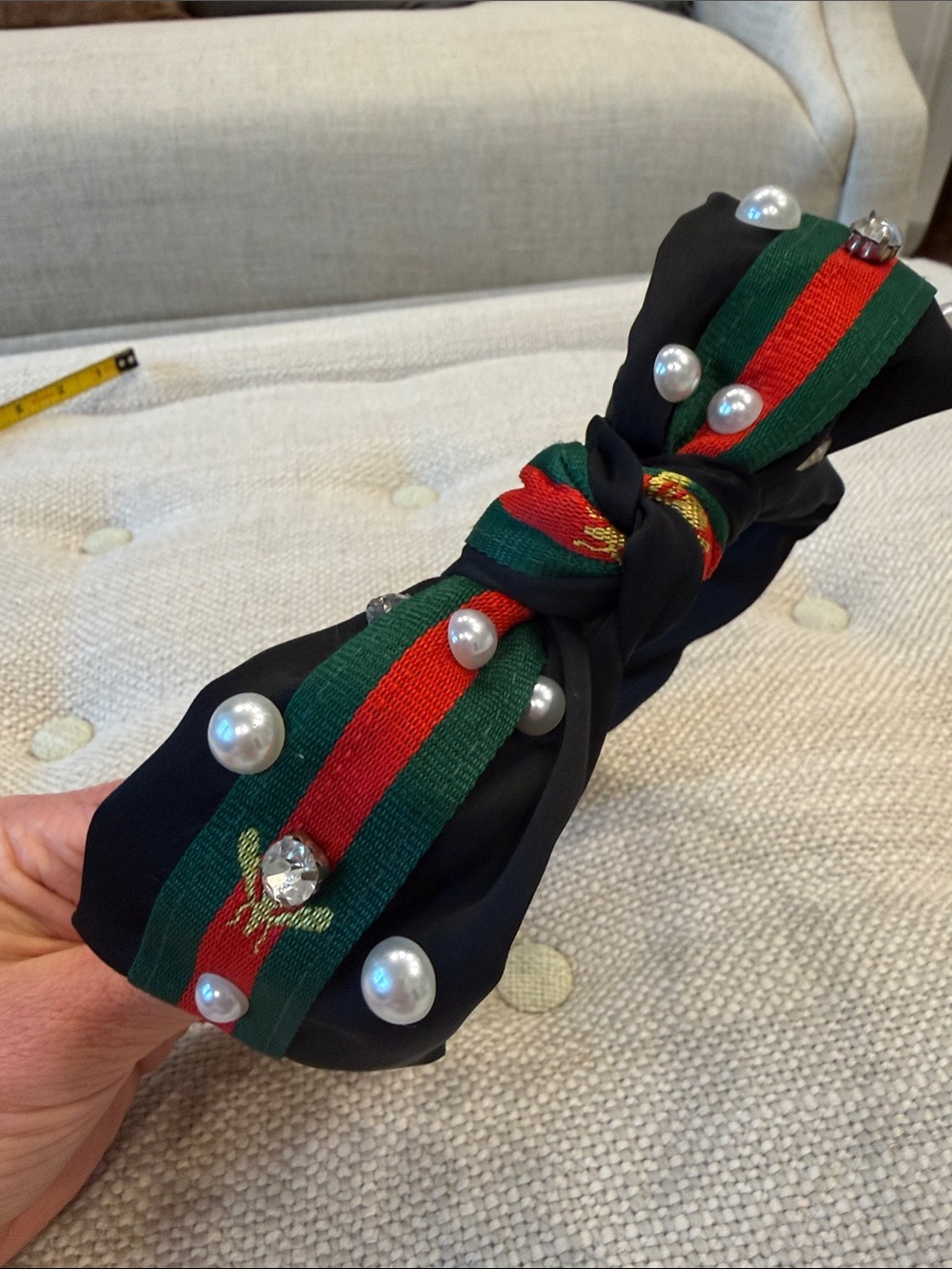 Source Unknown Black Headband with Red and Green Stripes and Pearl Accents - Picture 3 of 3